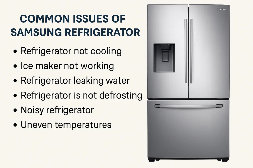 Samsung refrigerator with common issues like cooling, leaking, and noise problems.